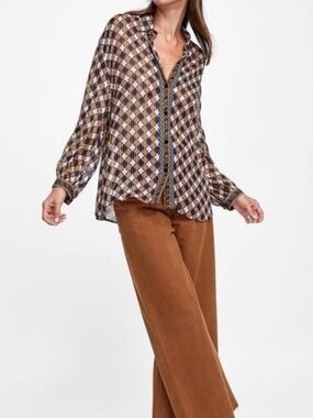 Zara Brown Multi Check Button Up Shirt
